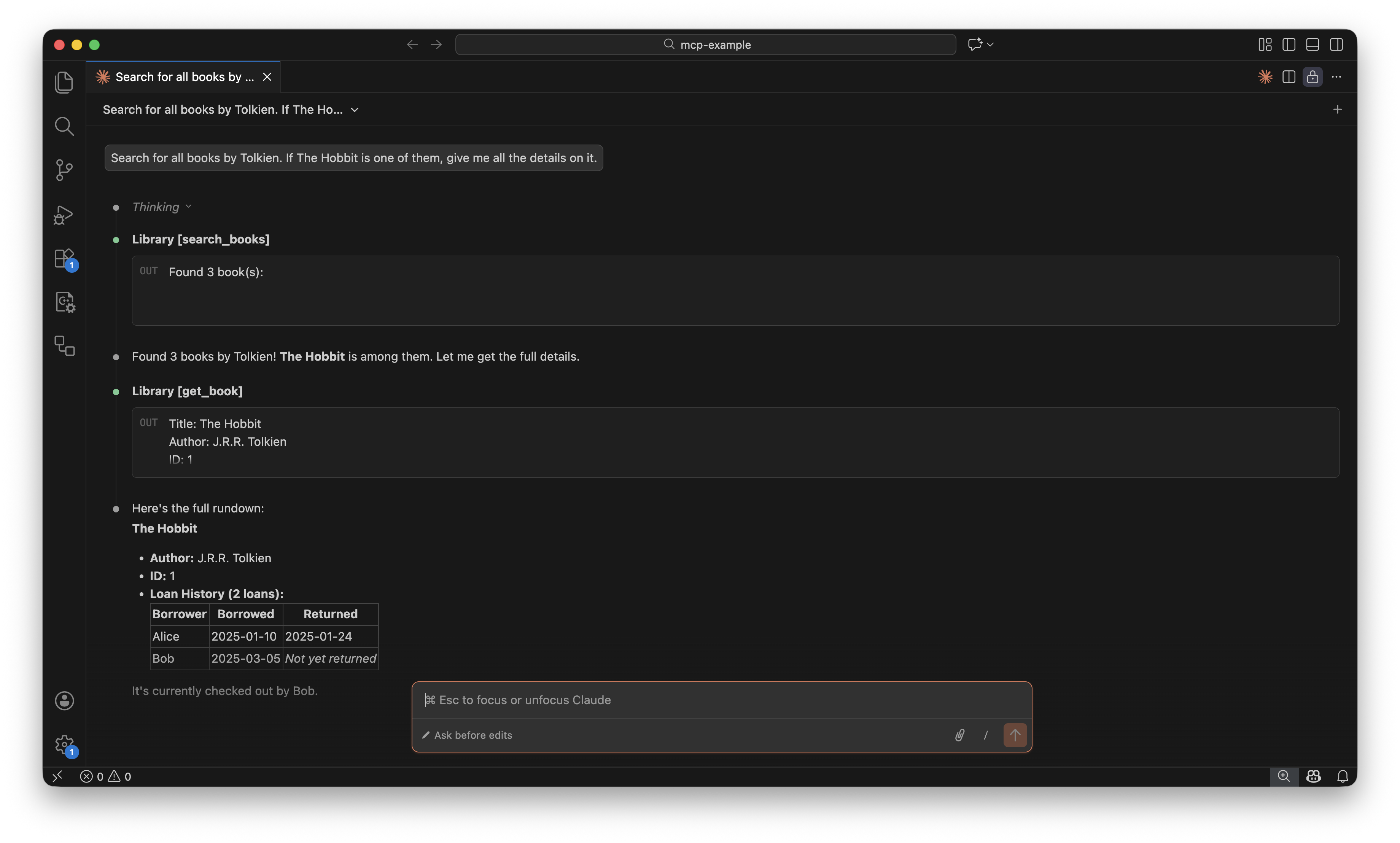 Claude Code using an MCP server to search a library catalog
